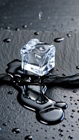 melting ice cube on a dark surface