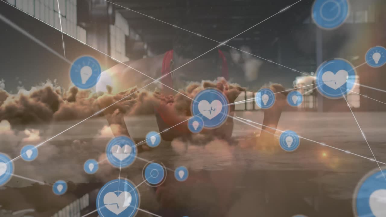 구름 위의 연결 네트워크의 애니메이션과 피트 아프리카계 미국인이 푸시업을 하고 있습니다.