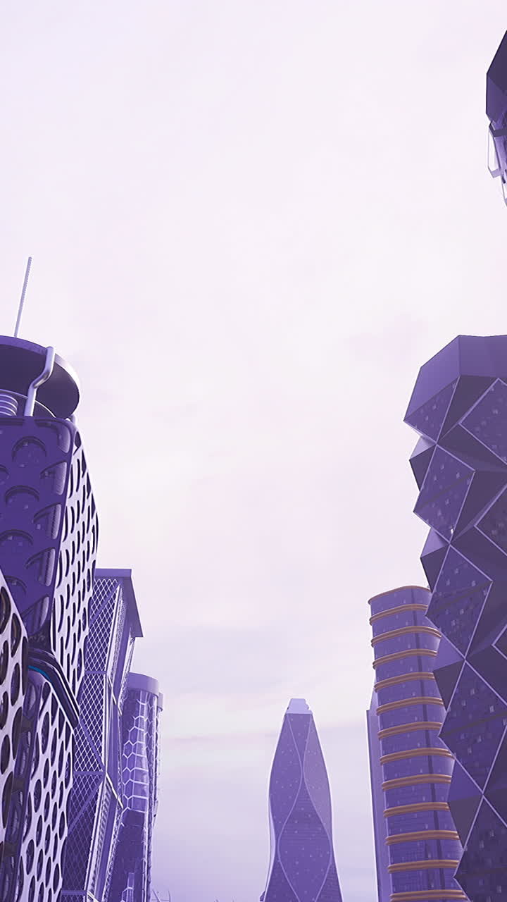 Futuristic urban landscape with unique architecture under a cloudy sky