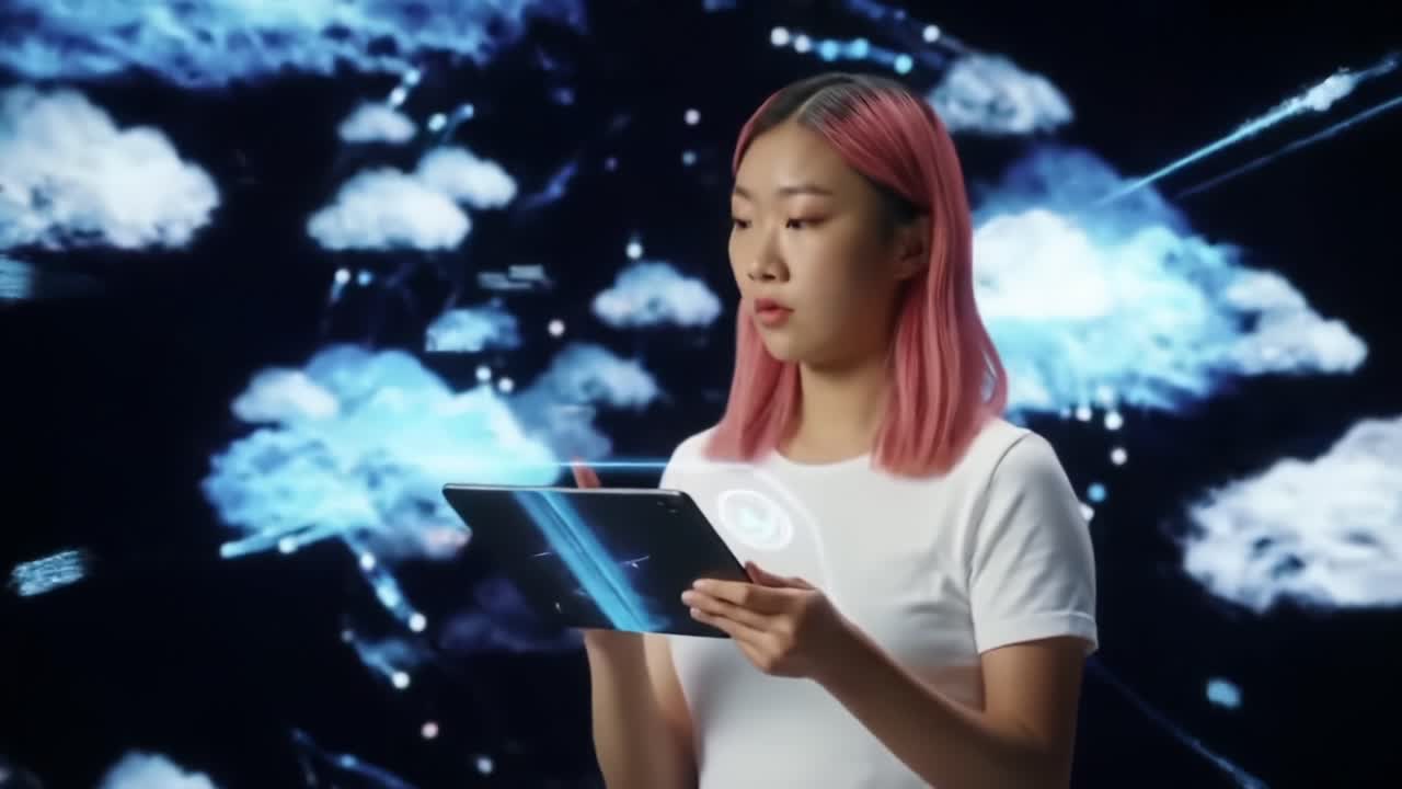 A Young Woman Engaged with a Futuristic Tablet Interface against a Digital Cloud Background, Exploring Advanced Technology and Data Visualization Concepts