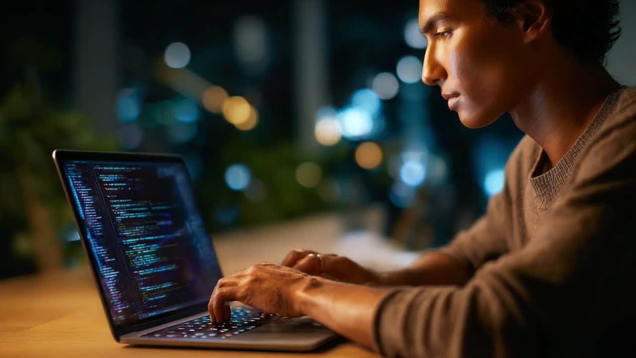 A focused individual engaged in programming at night, using a laptop illuminated by soft ambient light, expertly navigating through lines of code to develop innovative software solutions in a serene environment