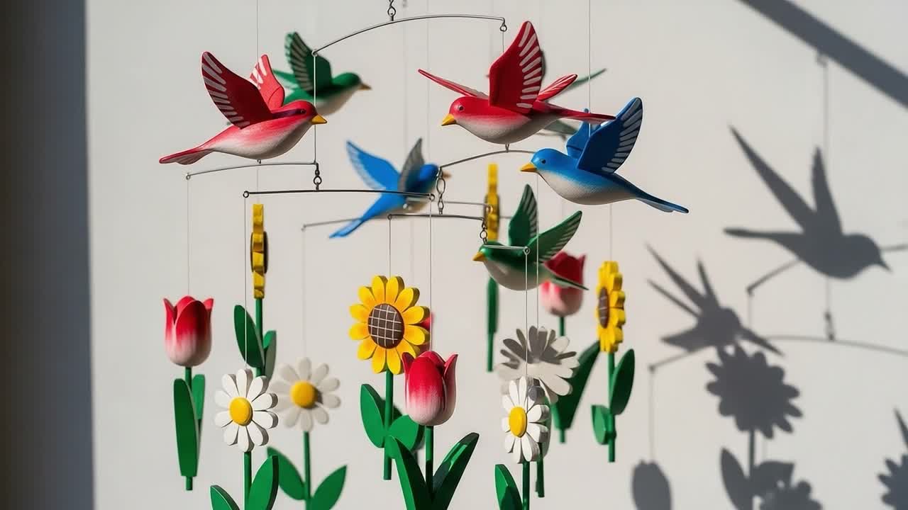 Colorful Wooden Mobile Featuring Vibrant Birds and Flowers Casting Playful Shadows Against a Light Wall, Bringing an Enchanting Charm to Any Room Decor