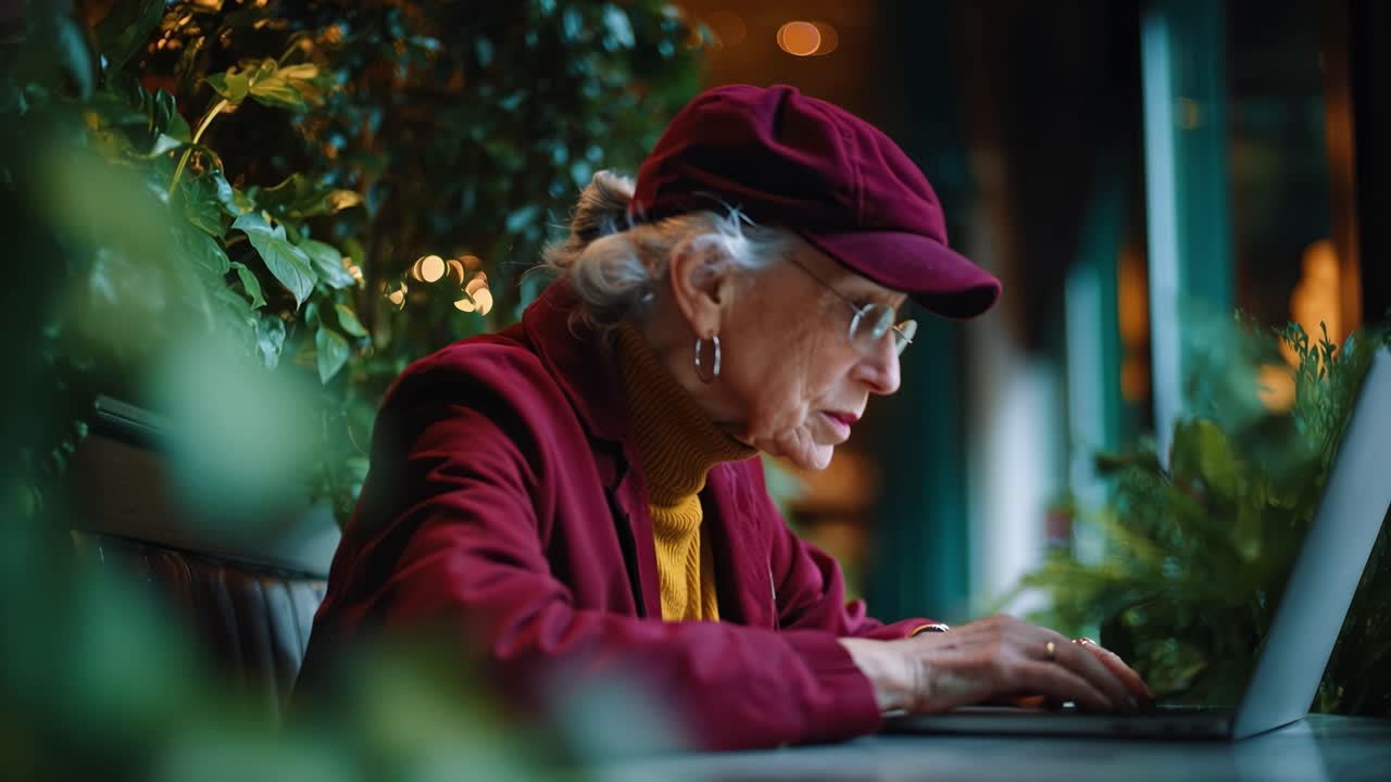 Woman in red cap focuses on laptop screen. Soft lighting highlights her calm, concentrated expression. Laptop sits on table near green foliage. Scene suggests quiet productivity or learning at home