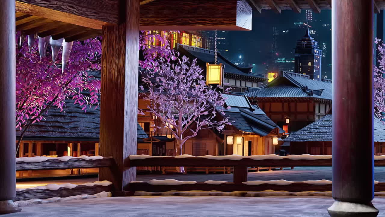 Snowy Japanese Village at Night