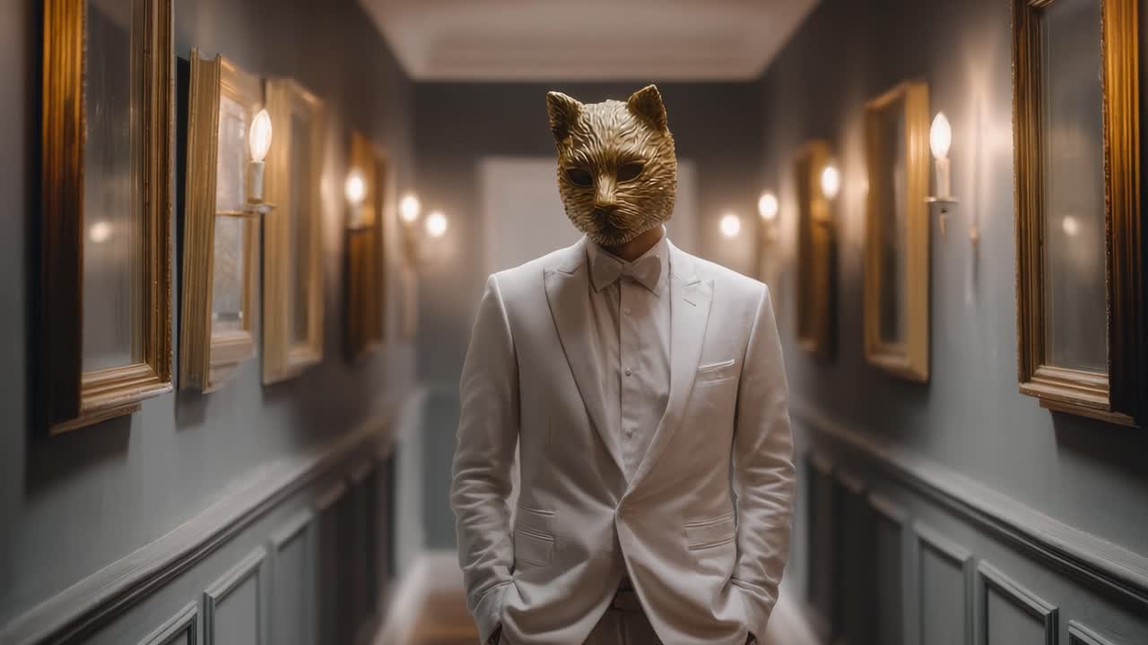 Mysterious Figure in a Mask: A Puzzling Encounter in an Elegantly Lit Hallway with Classic Portraits and Atmospheric Ambiance