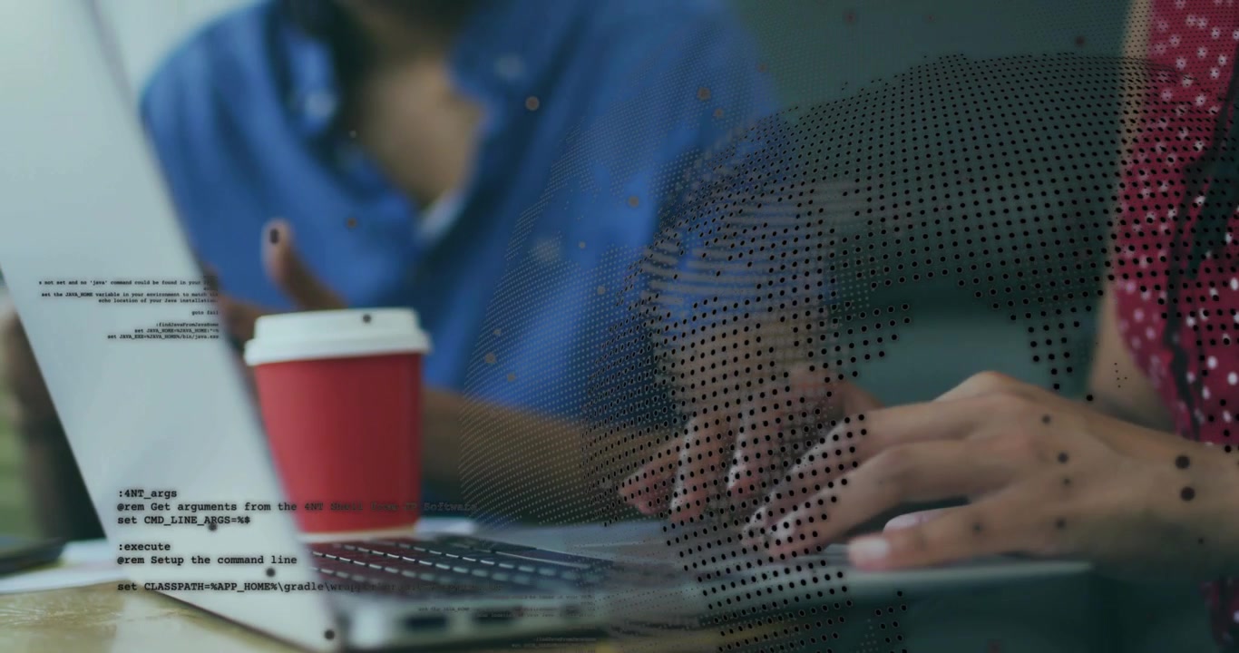 Woman typing code after coworker gesture, explaining segment with animated overlays in tech meeting