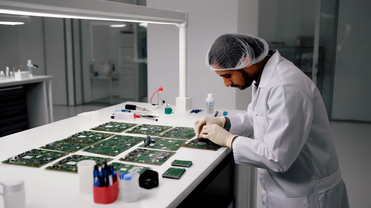 Electronics Technician Working on Circuit Boards in a Clean Room