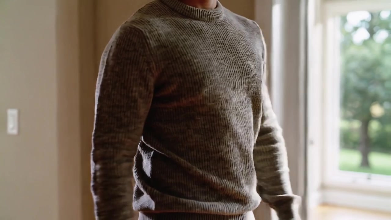 Ein Mann in grauem Strickpullover betritt den Eingangsbereich, geht auf eine Glastür zu und begutachtet den Garten.