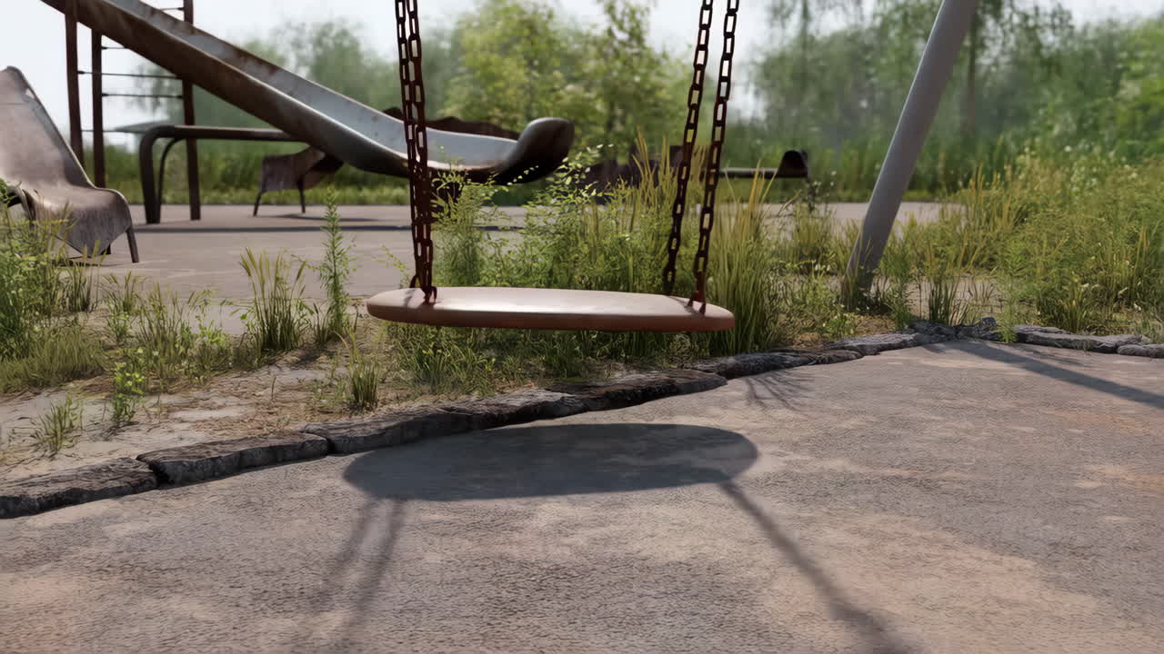 An old, abandoned swing set in an overgrown playground