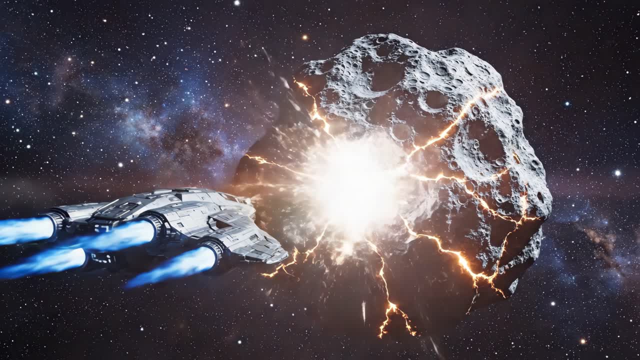 Astronave che spara un laser contro un asteroide causando un'esplosione nello spazio.