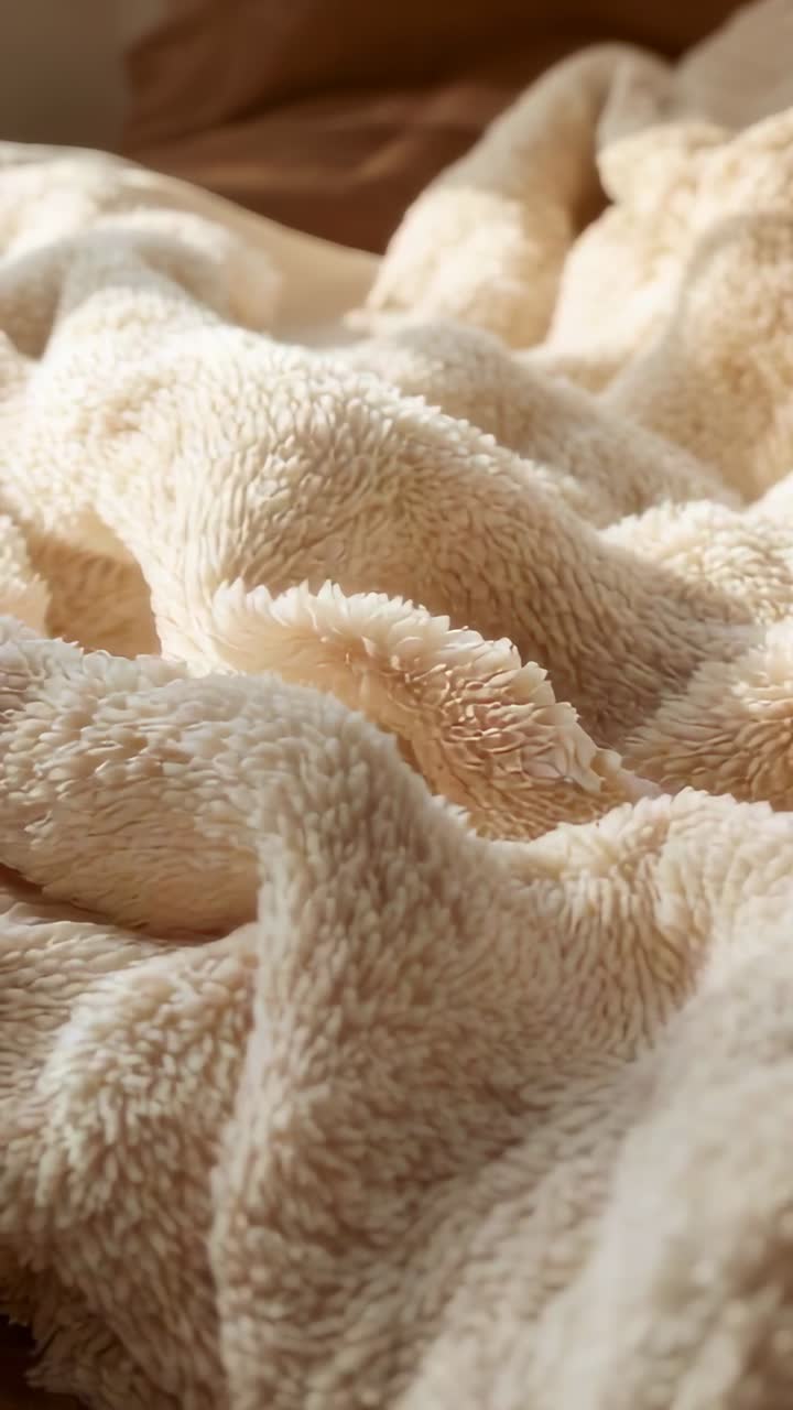 Vertical video: Panning camera showing beige plush blanket pile on bed linens, emphasizing texture