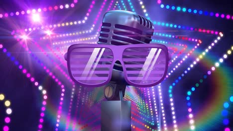 animación de un micrófono retro en gafas sobre puntos brillantes de luz