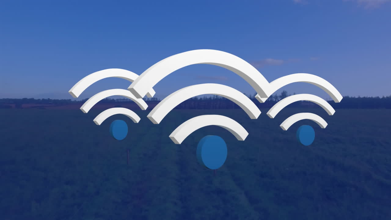 animación de iconos digitales wifi flotando sobre el paisaje