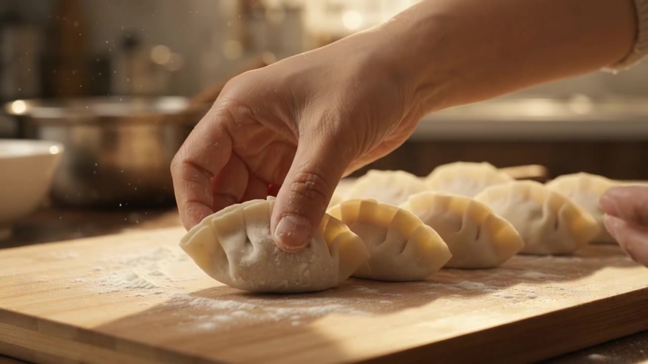 Person Pleating and Preparing Fresh Homemade Dumplings in Kitchen