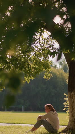 woman seated under tree with arms folded over her legs in thoughtful reflection, surrounded by gentle greenery with a goalpost in background