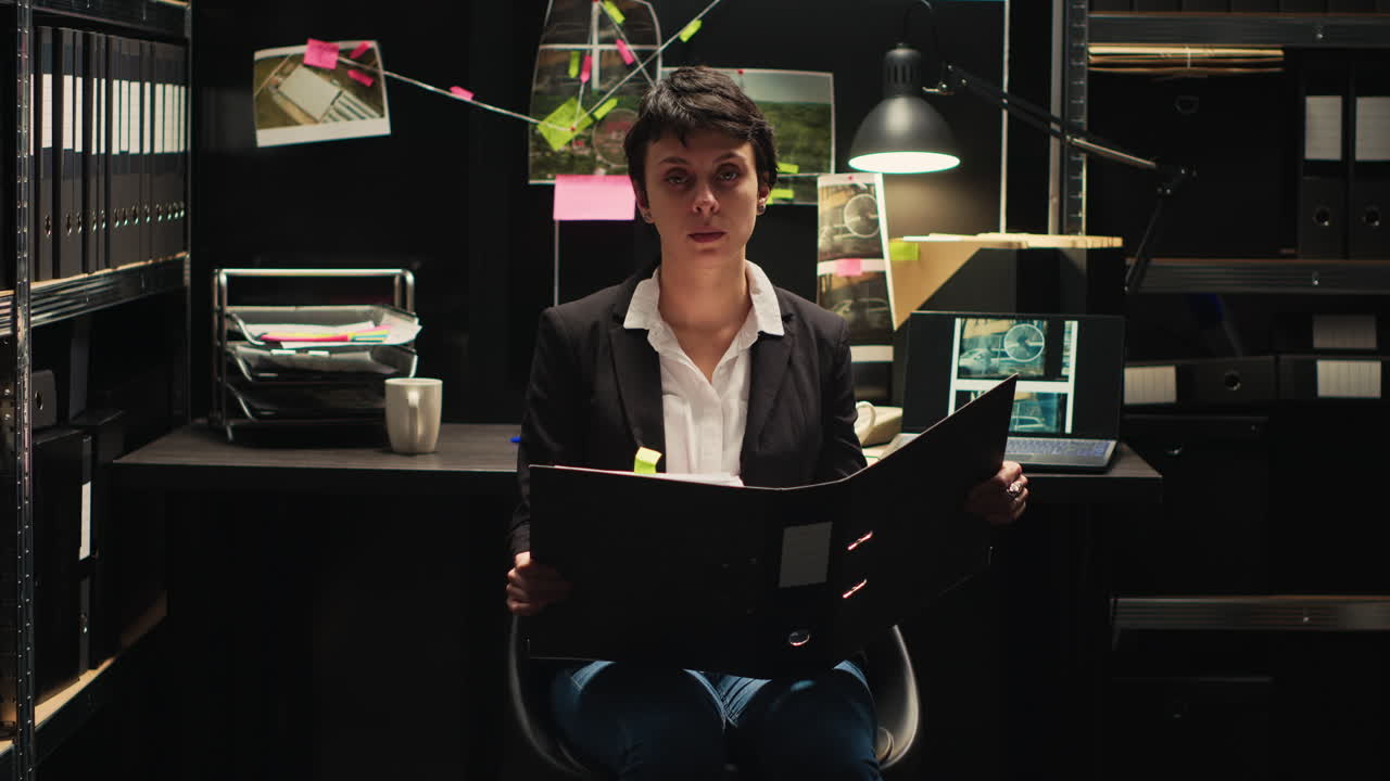 Detective investigating a crime in a dark office