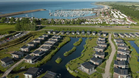 bungalow holiday homes at roompot water village overlooking the marina and eastern scheldt in kamperland, zeeland, netherlands