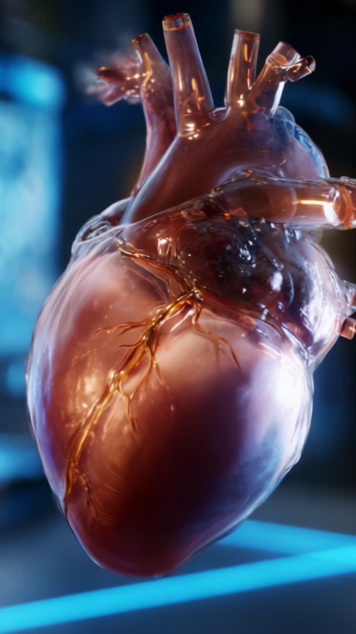 Realistic 3D depiction of a human heart, showcasing detailed anatomy, structure, and vibrant colors in a captivating digital environment with glowing elements