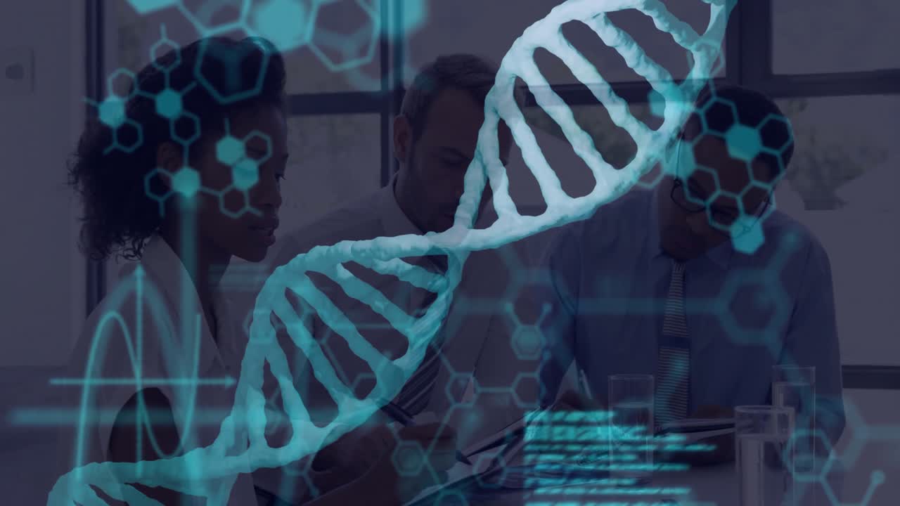 Female researcher tapping tablet triggers biotech DNA helix animation revealing code for analysis
