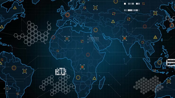 Animation of network of connections with data processing over world map on black background