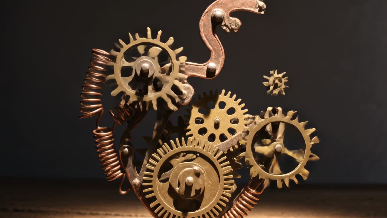 Gear assembly lifting linkage, revealing brass cogs and springs, engaging and showing tech function