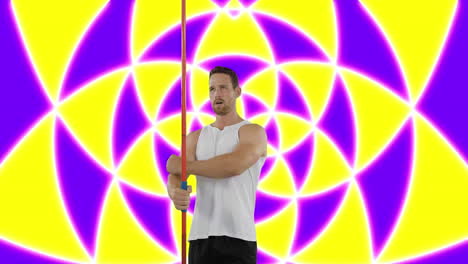 macho caucásico lanzador de jabalina contra formas abstractas en un patrón sin costuras sobre fondo amarillo