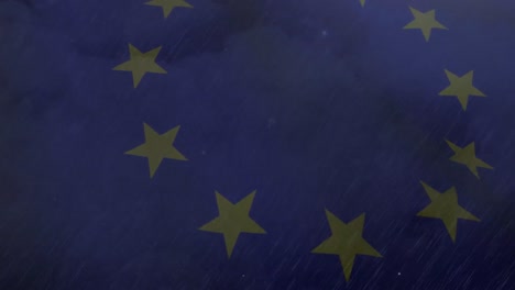 animación digital de tormenta de truenos y lluvia en el cielo nocturno contra la bandera de la ue ondeando