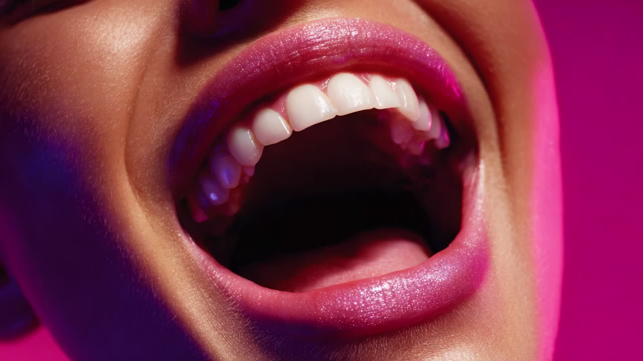 Captivating Beauty: Close-up of an Elegant Smile with Glossy Lips Against a Vibrant Pink Background Showcasing the Artistry of Cosmetic Design and Celebration of Facial Features