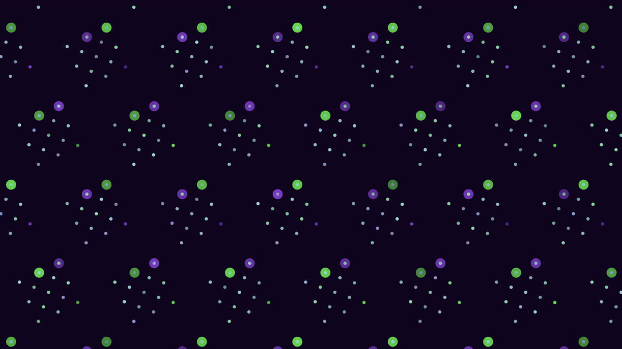 Seamless abstract particle style background with repeating clusters of colorful dots on a dark surface, ideal for motion graphics overlays, sci fi interfaces, presentations and digital branding