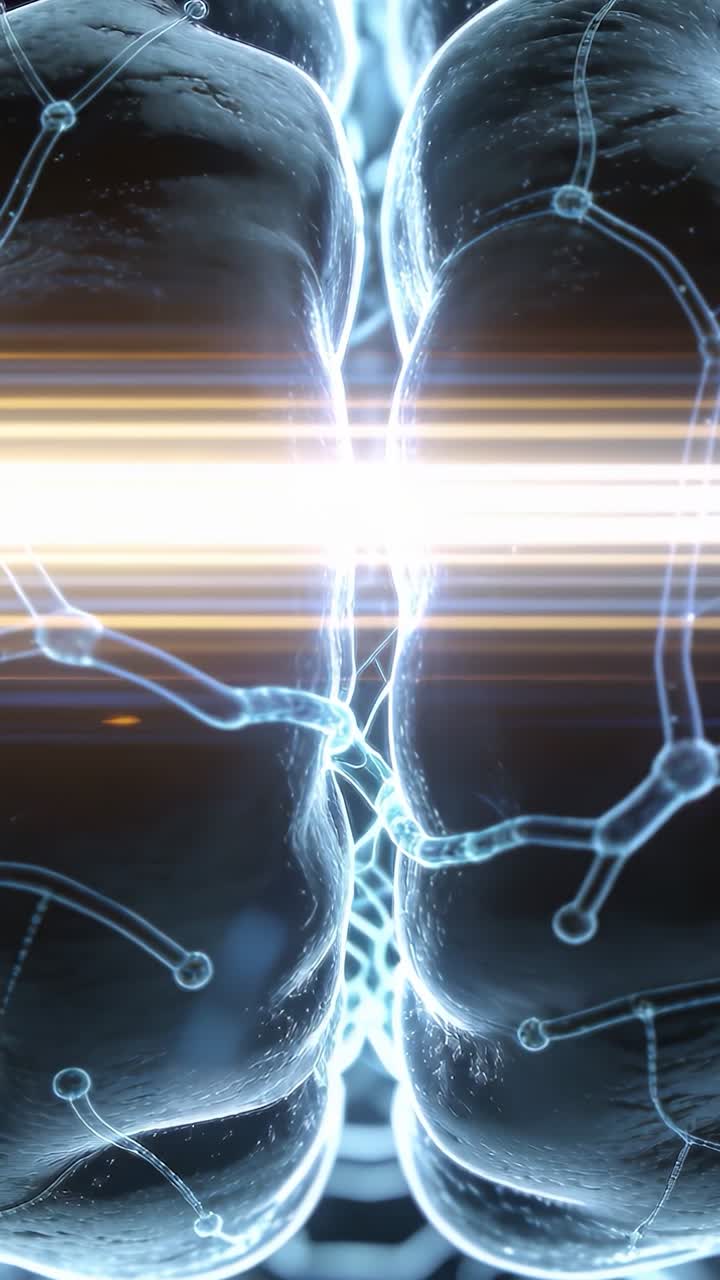 Vertical video: Sharpening light band causing brain halves pulsing at seam, starting data transfer