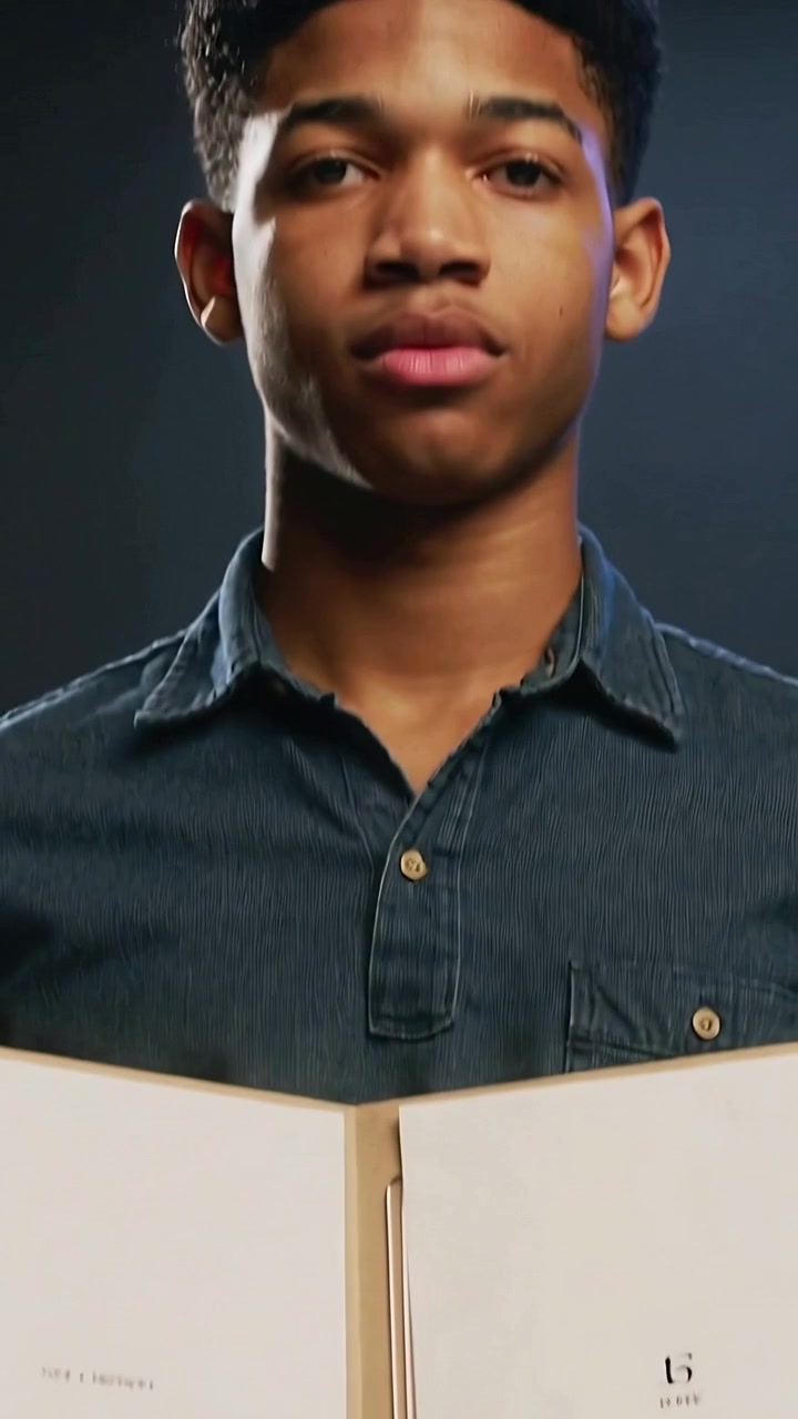 Video verticale: Adolescente che sfoglia una camicia di jeans piegata in studio, mostrando inserti e una placca metallica.