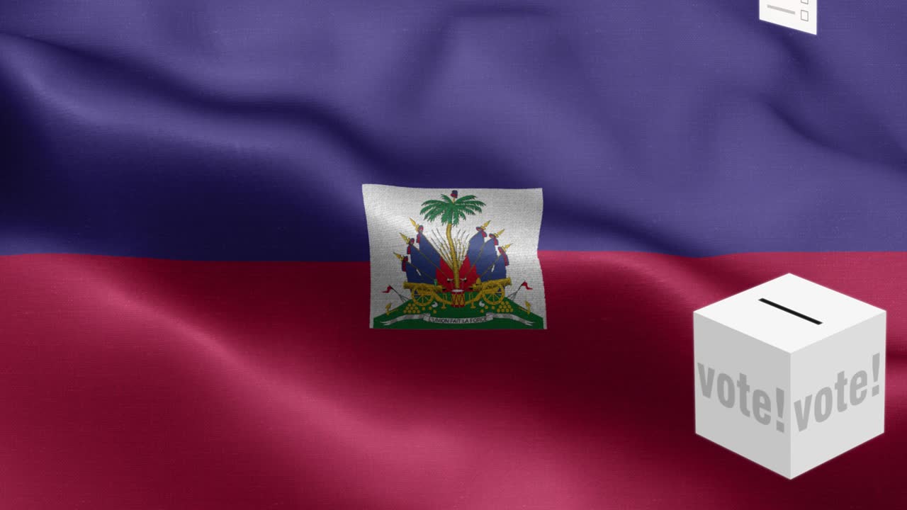 투표용지가 하이티를 위해 박스에 날아갑니다. 선택 - 발 앞의 투표용지 - 선거 - 투표 - 하이티의 발 - 하이치 발 높은 세부 사항 - 국가 발 하이티 파동 패턴 루프 가능한 요소 - 직물 질감과 끝없는 루프