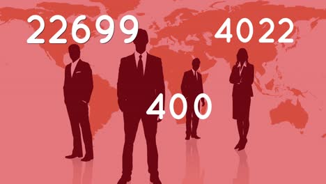 Digital animation of increasing numbers against silhouette of businesspeople and world map on orange