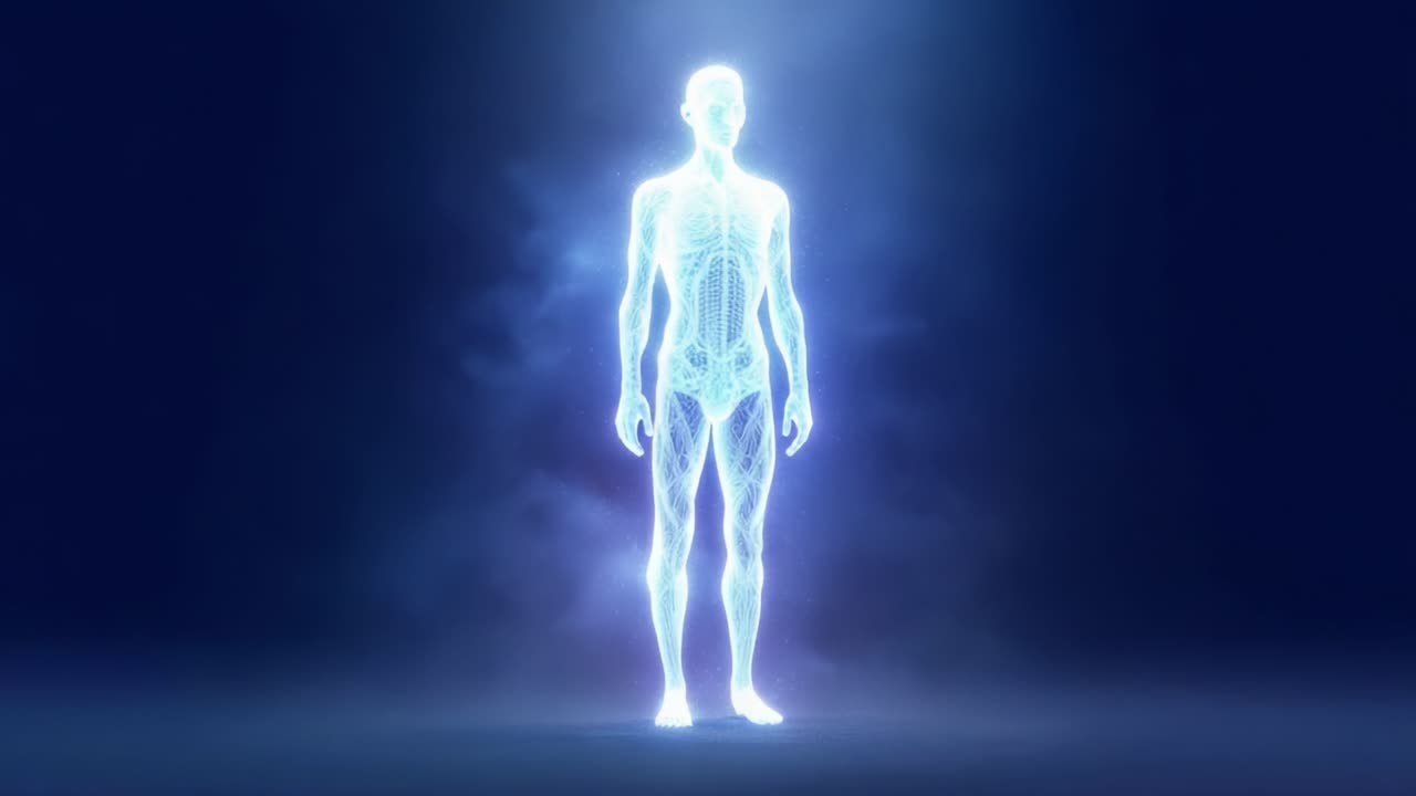 A Stunning Visual Representation of the Human Body in ethereal Light, Showcasing a Transcendent Form with Intricate Energy Patterns and a Cosmic Aura