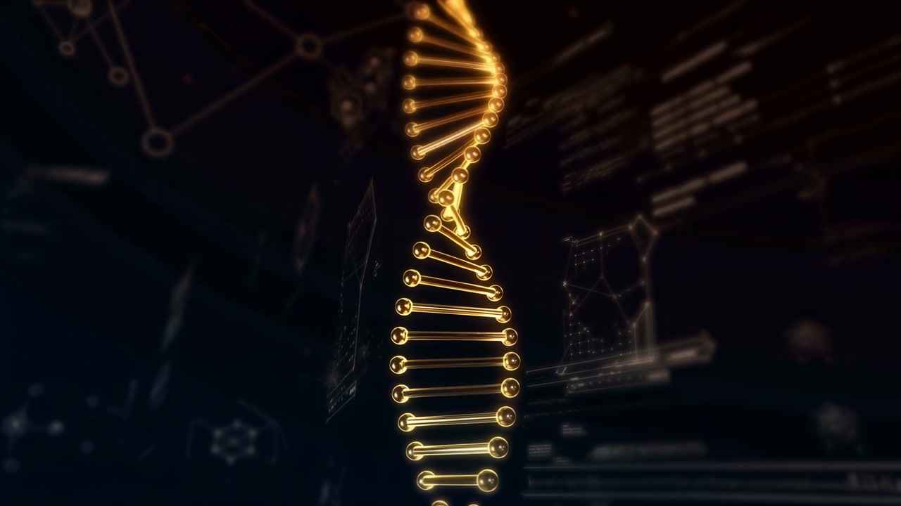 Golden Dna Helix Rotating Over Data Overlay, Futuristic Genomics Visualization Featuring Glowing Molecular