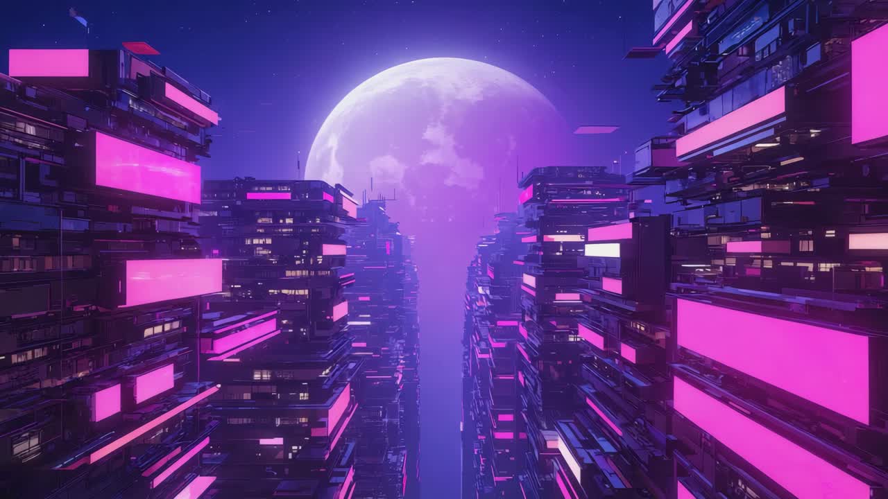 Cyberpunk cityscape with a large moon