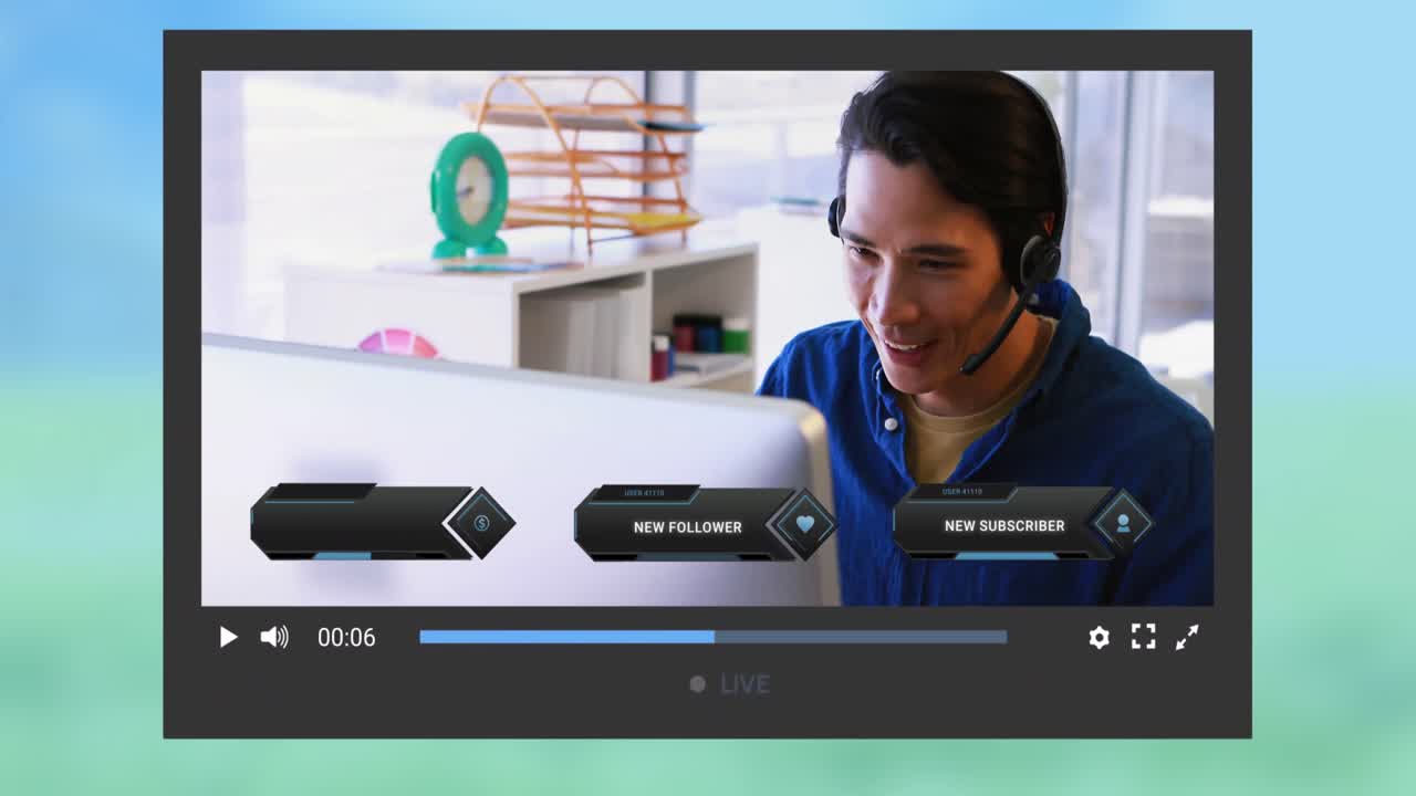 animación de la pantalla de las redes sociales sobre un hombre biracial haciendo un video blog