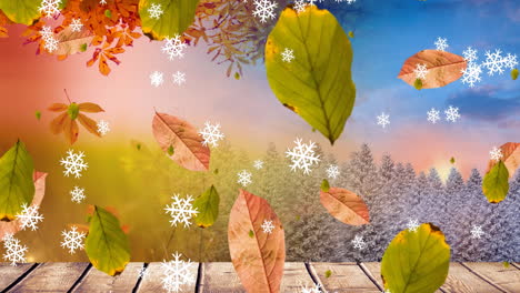 animation of christmas snowflakes and leaves falling over wooden boards and snow covered trees