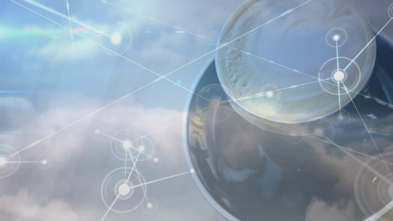 3D render coffee cup merging with glowing network nodes, blending frothy foam and cloudy sky