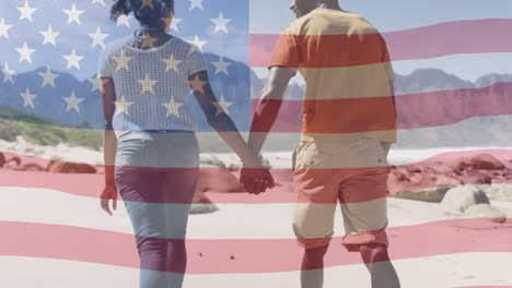 animation of american flag moving over couple holding hands and walking on beach