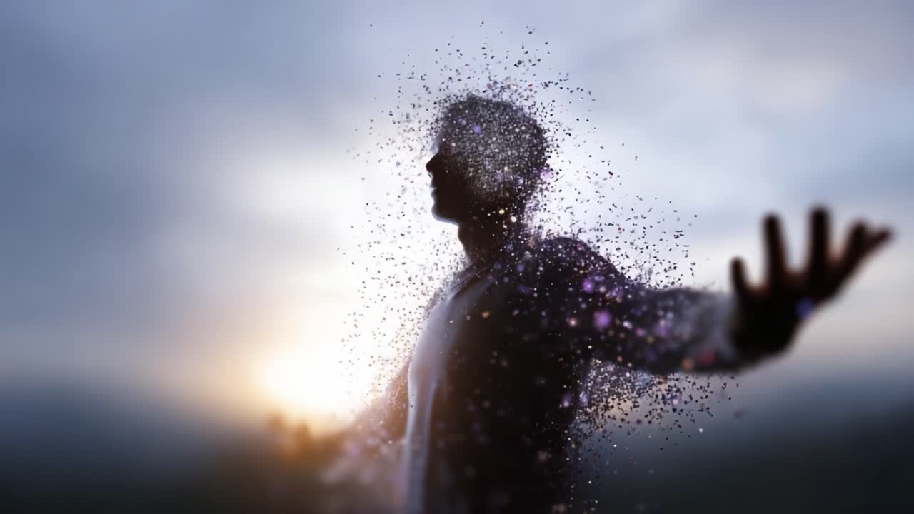 A figure transcending existence, dissolving into particles against a backdrop of light, embodying the essence of freedom and transformation in a cosmic landscape
