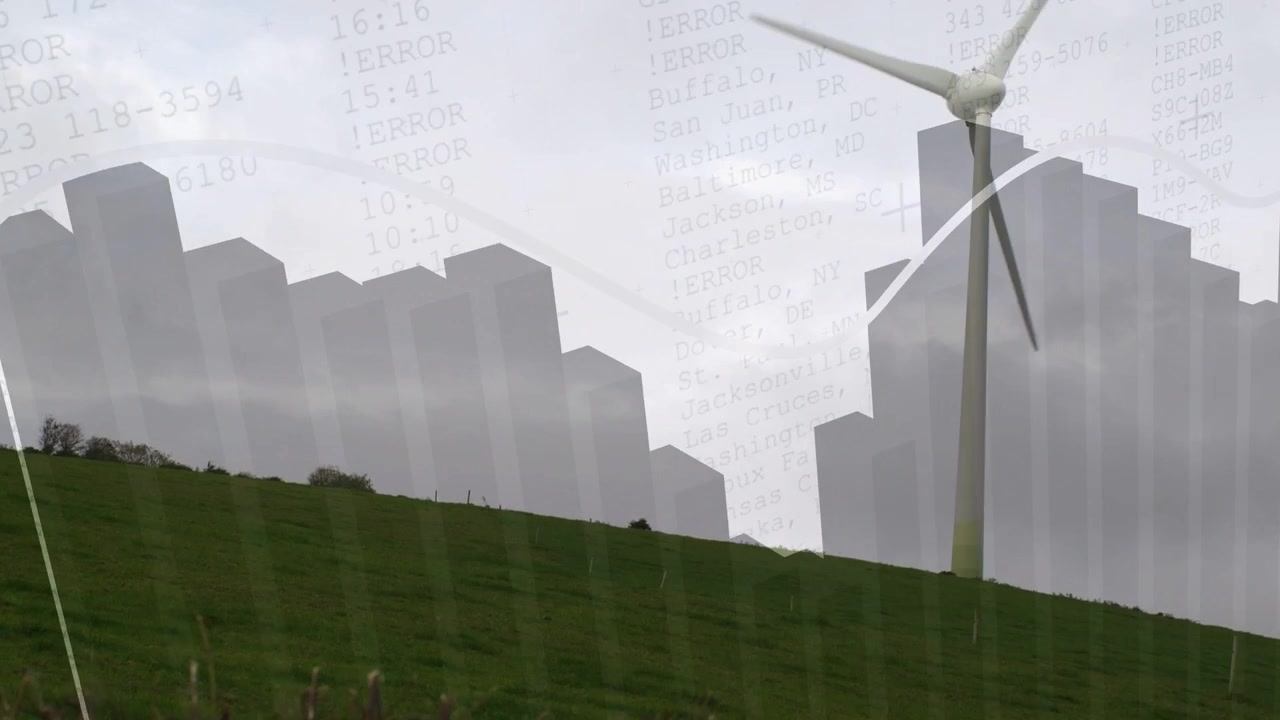 Dati che scorrono verso sinistra, una scala che si trasforma in colonne, una curva che disegna numeri attorno a una turbina, mostrando energia