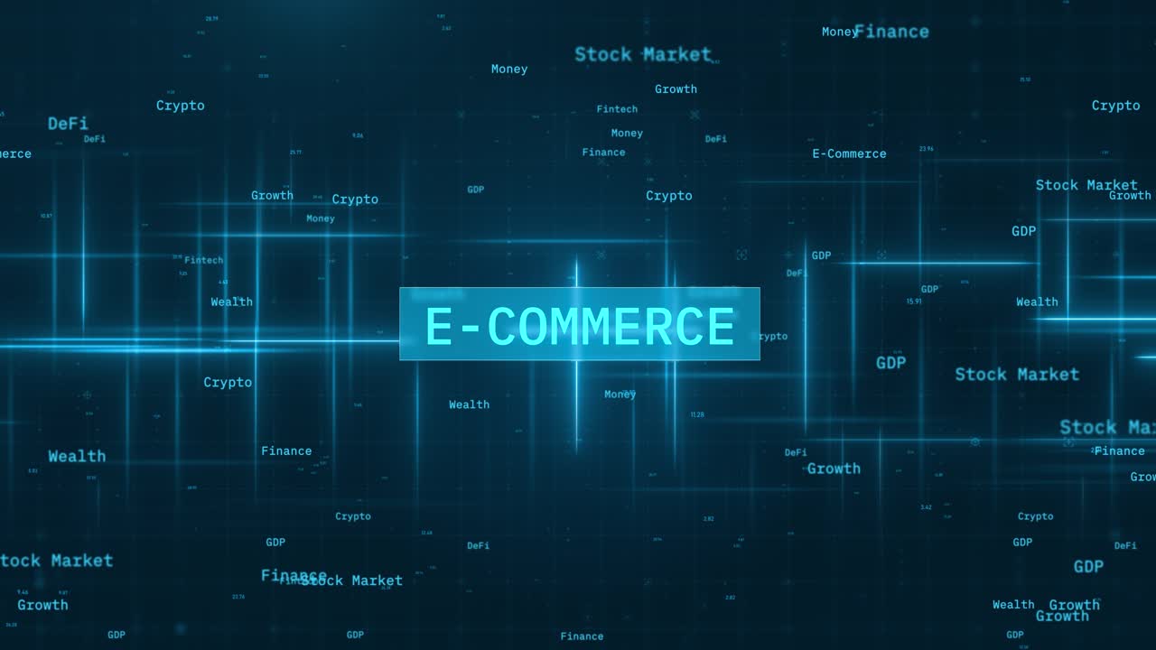 Animace odhalení textu E-Commerce přes zářící čáry v animaci finančních technologií.