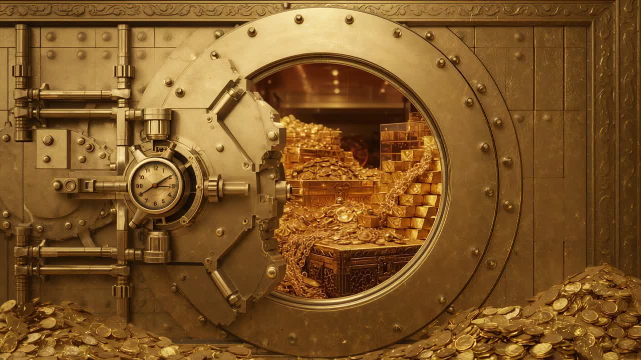 Opening circular vault door slowly, revealing gold bars, coin spill, chests, chains, locking dial