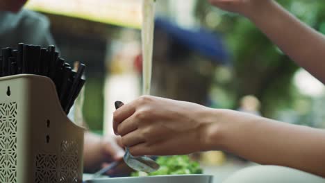 vista de mano de una mujer comiendo sopa de pho