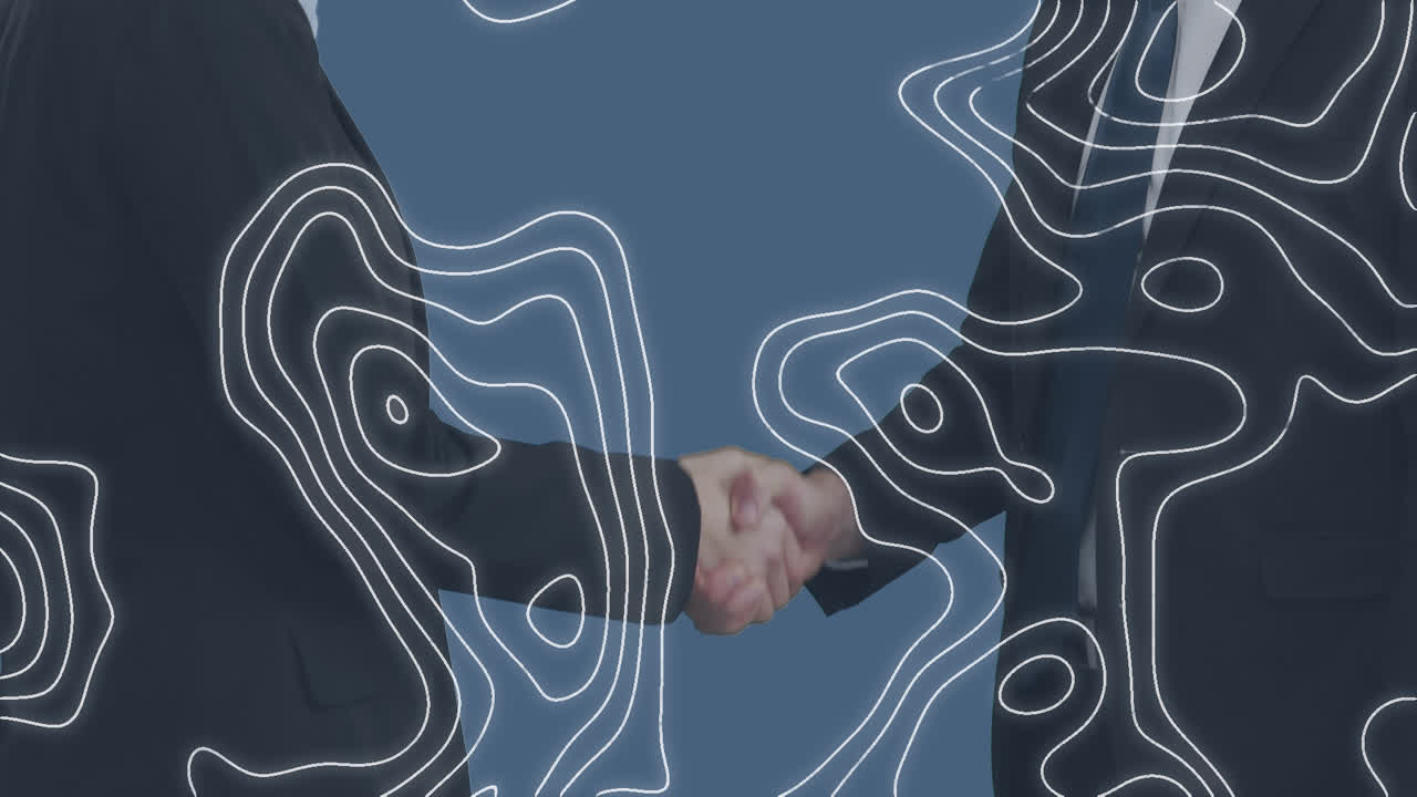 Animazione di forme che si muovono su uomini d'affari caucasici che si stringono la mano