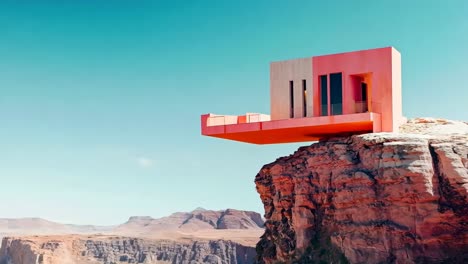 a pink and orange building sitting on top of a cliff