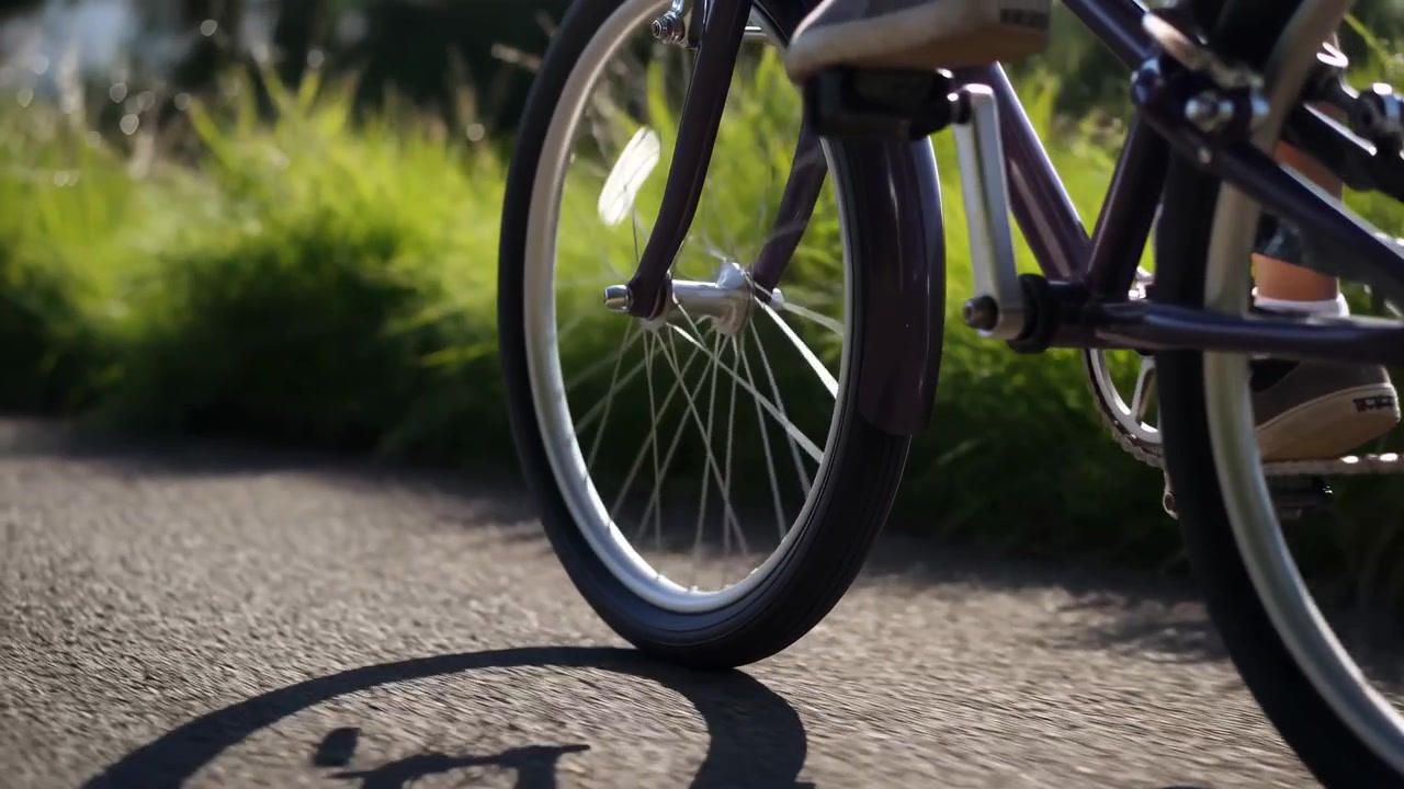Low angle close-up of a cyclist’s foot on the pedal and a bicycle wheel in motion on a paved path, with bright sunlight, long shadows, and soft green
