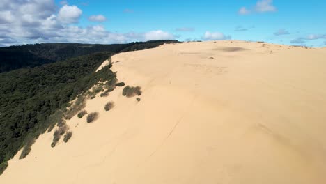 Beautiful-aerial-pull-back-of-Ahipara-Sand-Dune-and-tropical-coastline-of-New-Zealand