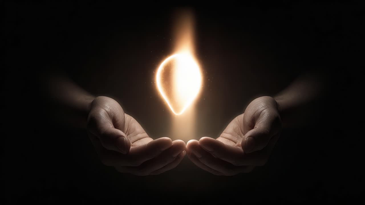 Una manifestazione di luce radiosa di un fegato in mani aperte, che simboleggia salute, vitalità e l'essenza della vita, illuminata su uno sfondo scuro.